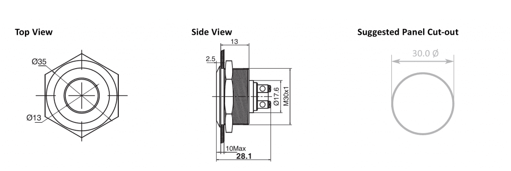 Drawing of RJS01-30I-150A~67J 30mm concave face led illuminated metal indicator, RJS Electronics LTD