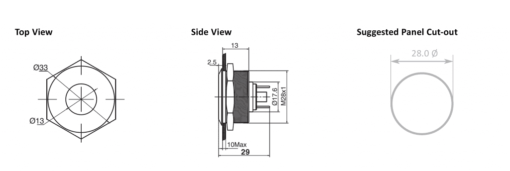 Drawing of RJS01-28I-170P~67J 28mm flush head led illuminated metal indicator, RJS Electronics LTD