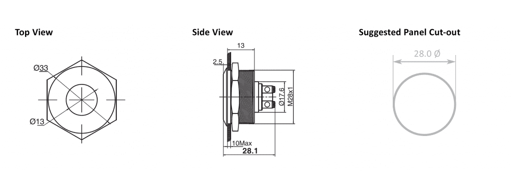 Drawing of RJS01-28I-170A~67J 28mm flush head led illuminated metal indicator, RJS Electronics LTD