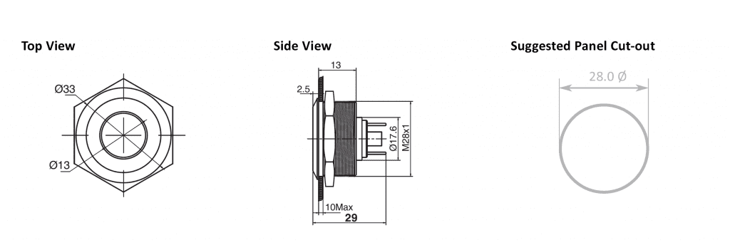 Drawing of RJS01-28I-150P~67J 28mm concave head led illuminated metal indicator, RJS Electronics LTD