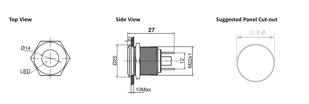 Drawing of RJS01-22I-170P~67J 22mm flush head metal led illuminated indicator, RJS Electronics Ltd