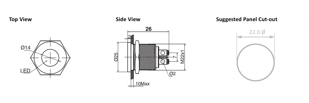 Drawing of RJS01-22I-170A~67J 22mm flush head metal led illuminated indicator, RJS Electronics Ltd