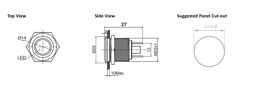 Drawing of RJS01-22I-150P~67J 22mm concave head led illuminated metal indicator, RJS Electronics Ltd