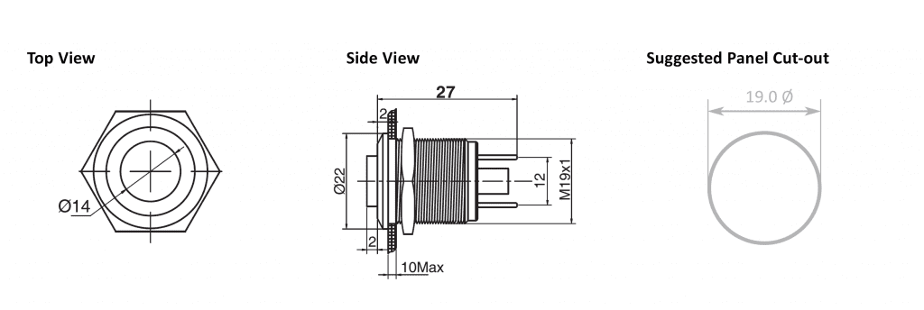 Drawing of RJS01-19I-170A~67J 19mm flush head led illuminated metal indicator, RJS Electronics Ltd