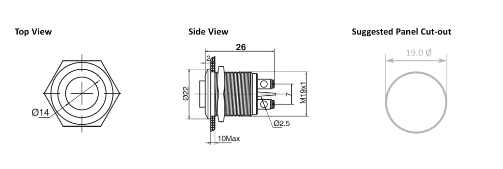 Drawing of RJS01-19I-160A~67J 19mm high head led illuminated metal indicator, RJS Electronics Ltd