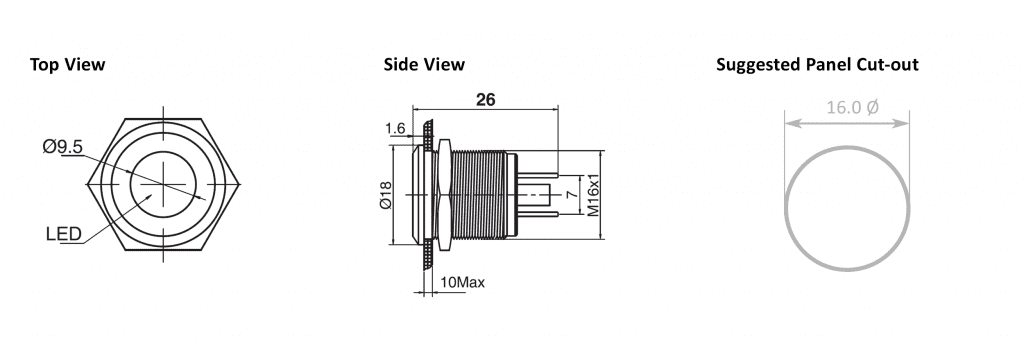 Drawing of RJS01-16I-170P~67J 16mm flat head metal led illuminated indicator, RJS Electronics Ltd