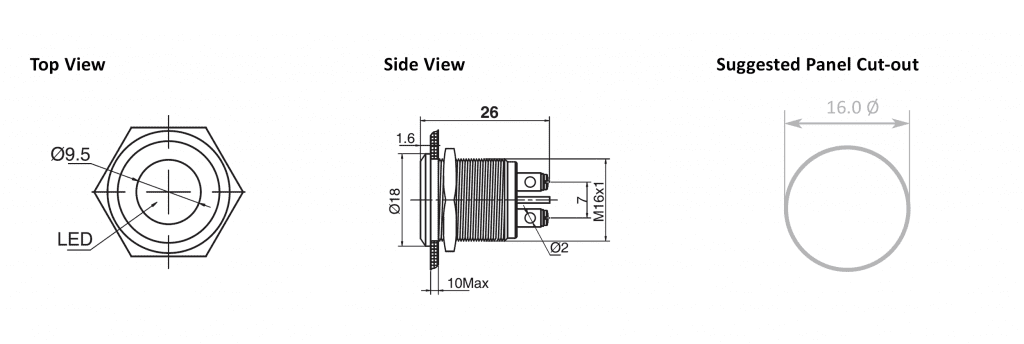 Drawing of RJS01-16I-170A~67J 16mm flat head metal led illuminated indicator, RJS Electronics Ltd