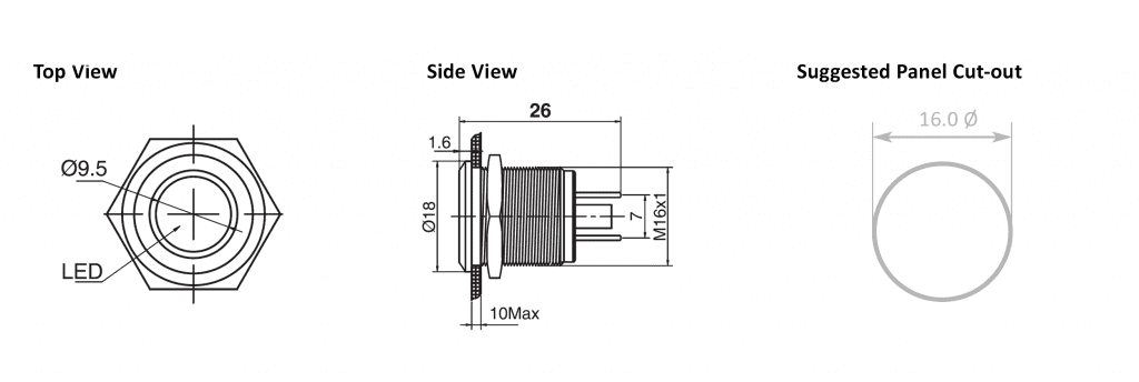 Drawing of RJS01-16I-150P~67J 16mm concave head metal led illuminated indicator, RJS Electronics Ltd