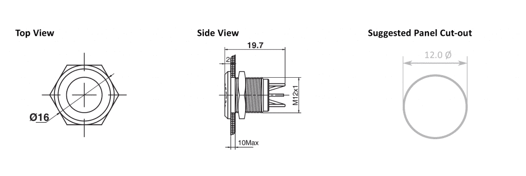 Drawing of RJS01-12I-170A(LED)-(XV)-(BS/BLK)-67J 12mm flat head led illuminated metal indicator, RJS Electronics Ltd