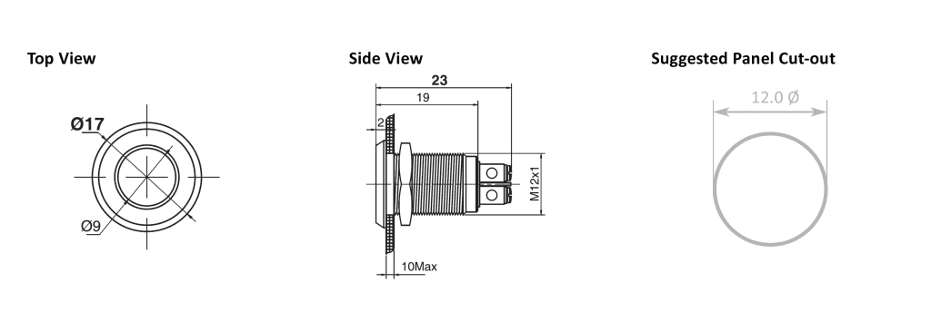 Drawing of RJS01-12I-150A~67J 12mm concave head metal led illuminated indicator, RJS Electronics Ltd