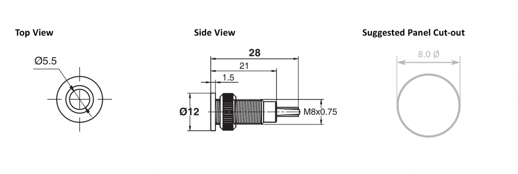 Drawing of RJS01-8I-170P~67J 8mm flush head metal led illuminated indicator, RJS Electronics Ltd