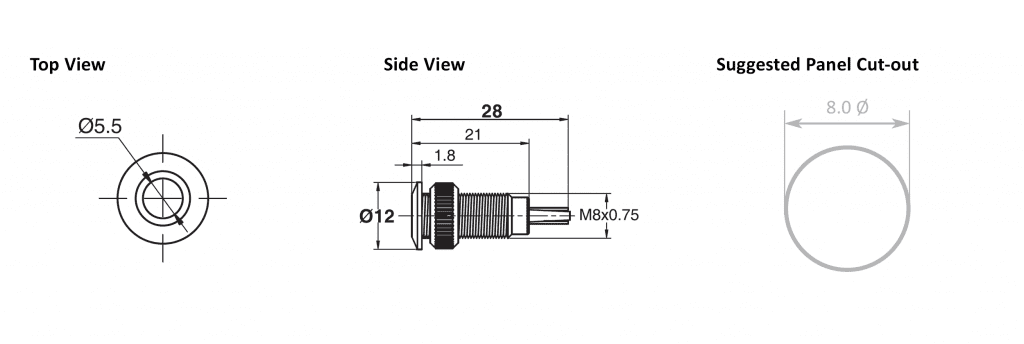 Drawing of RJS01-8I-150P~67J 8mm concave head metal led illuminated indicator, RJS Electronics Ltd