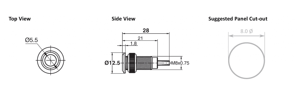 Drawing of RJS01-8I-130P~67J 8mm flush head metal led illuminated indicator, RJS Electronics Ltd