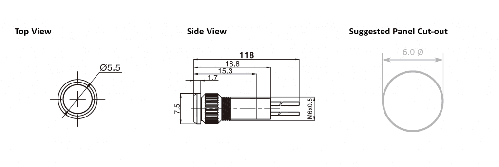 Drawing of RJS01-6I-150P~67J 6mm metal led illuminated indicator, RJS Electronics Ltd
