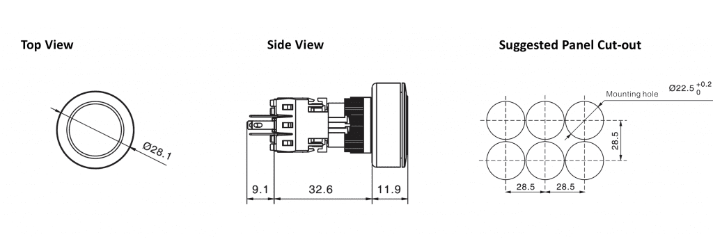 drawing for panel mount plastic push button switch with led illumination, rjs electronics ltd