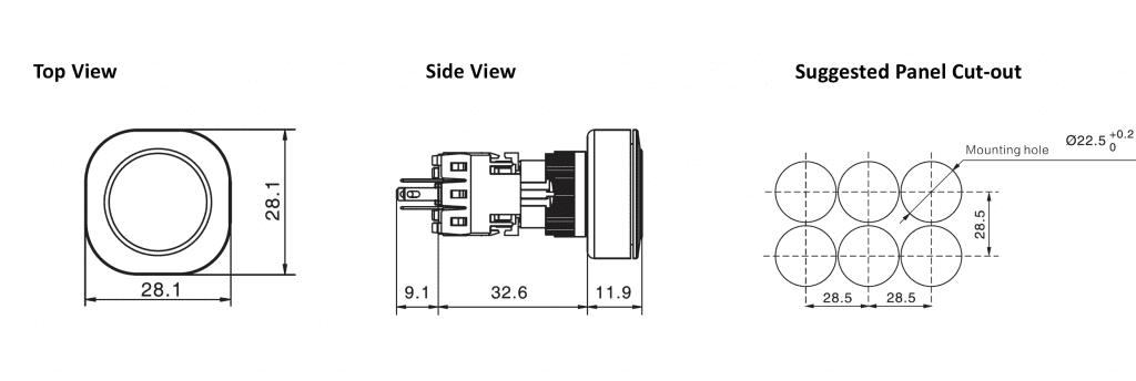 Drawing for square push button switch with led illumination, rjs electronics ltd