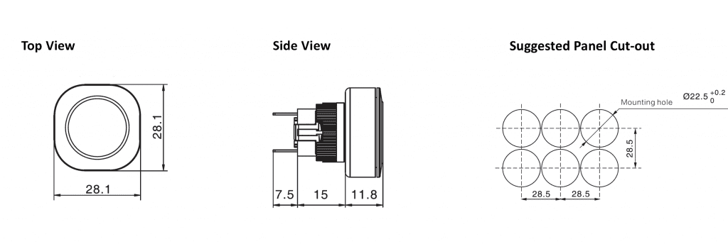 drawing for square plastic panel mount switch with led illumination, rjs electronics ltd