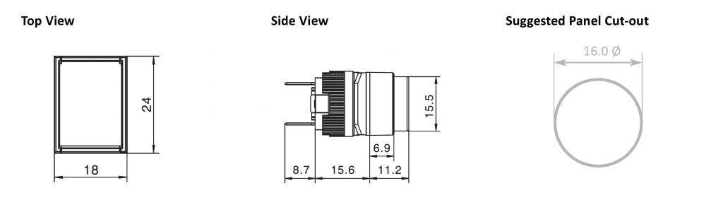 Drawing for RJSPS16B Rectangular, push button, rjs electronics ltd