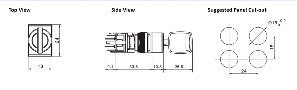 Drawing for Rectangular Key Switch, plastic rectangular button, rjs electronics ltd