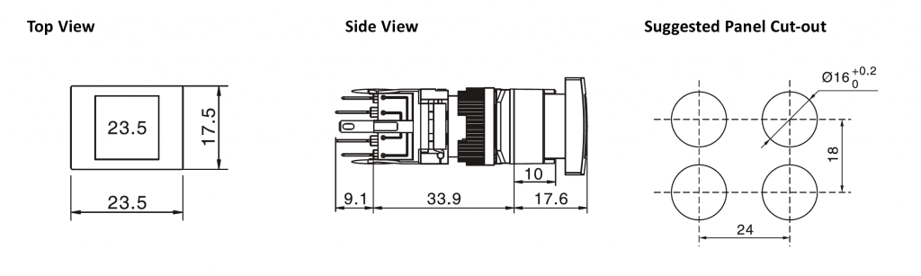 Drawing of 656.RJSPS16B Rectangular Mushroom, plastic button, rjs electronics ltd