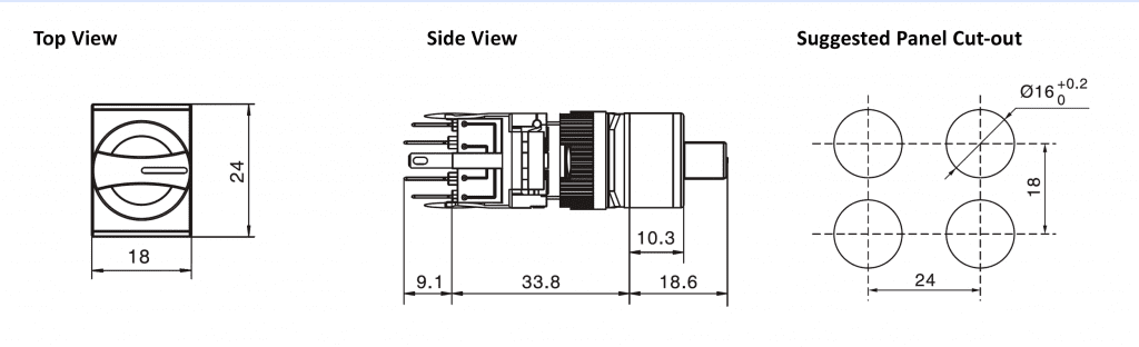 Drawing of rectangular selector switch, plastic button, rjs electronics ltd