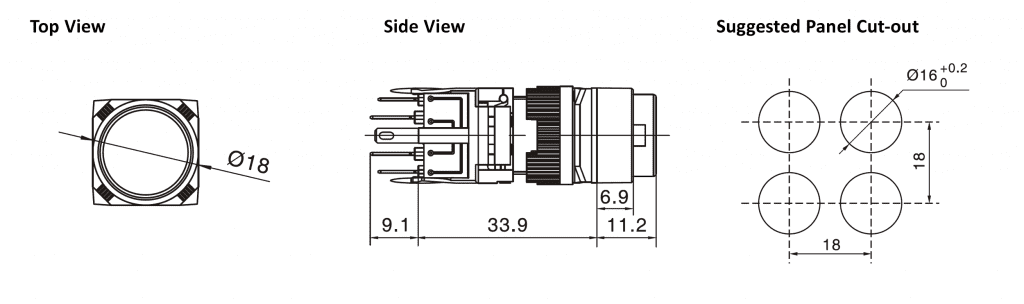 Drawing of Round Button indicator, plastic button, rjs electronics ltd