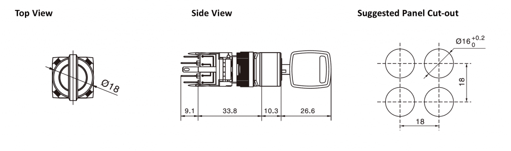 Drawing of Round Key Switch, plastic button, rjs electronics ltd