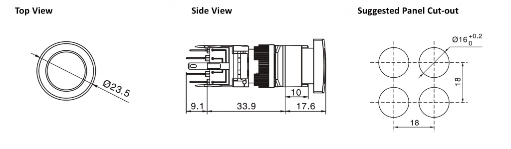 Drawing of Round mushroom indicator, plastic button, rjs electronics ltd