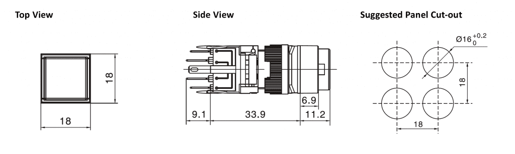 Drawing of Square Button, plastic push button switch, rjs electronics ltd