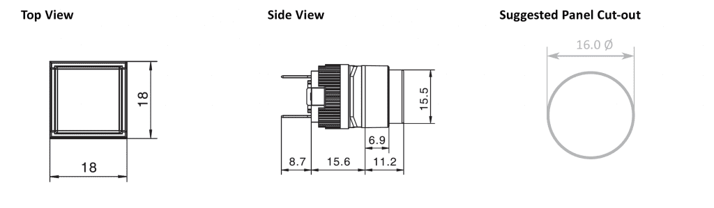 Drawing of Plastic square LED illuminated indicator. Square cap with full illumination. Panel mounting type and solder lug terminals. rjs electronics ltd