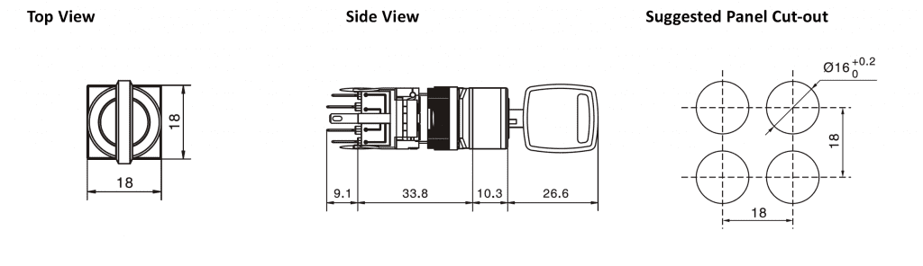 Drawing of Square key switch, panel mount style. Without LED illumination. rjs electronics ltd