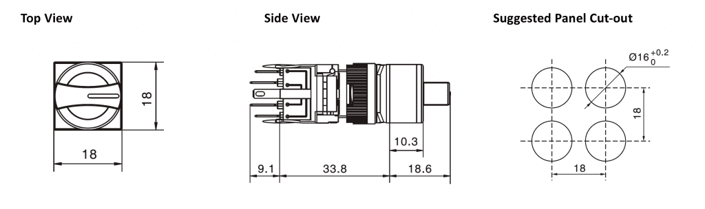 Drawing of Square Selection Button with LED illumination. rjs electronics ltd