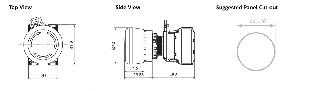 Drawing of emergency stop button, push button, rjs electronics ltd