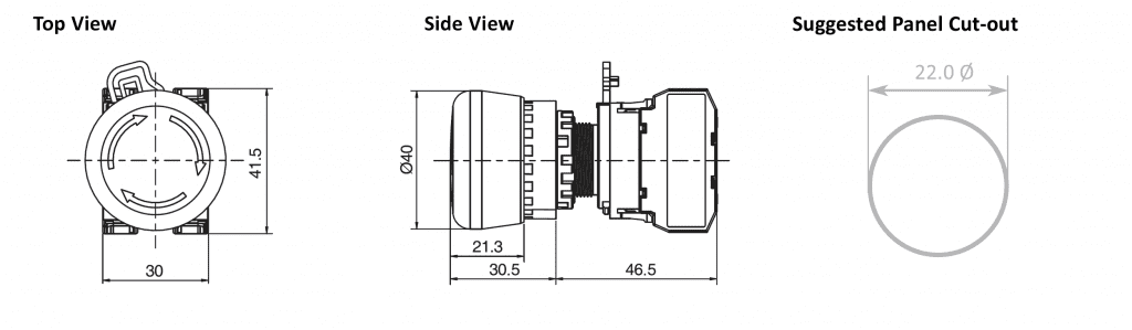 Drawing of emergency stop switch, mushroom head, rjs electronics ltd