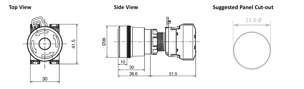 Drawing of Emergency Stop button, push button, rjs electronics ltd