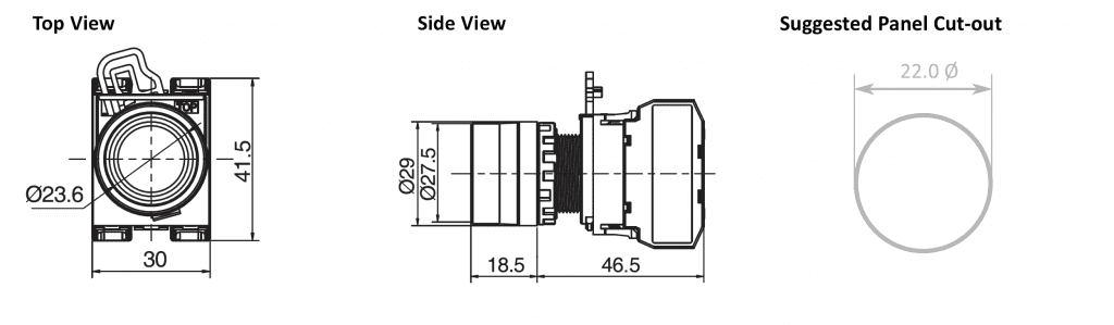 Drawing of RJSPS22E Lamp Flat Button, plastic button, rjs electronics ltd