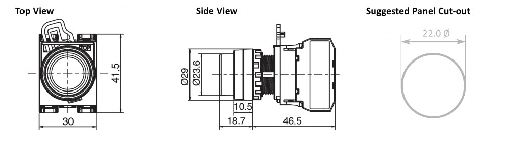 Drawing of RJSPS22E High Head Button, push button switch, rjs electronics ltd