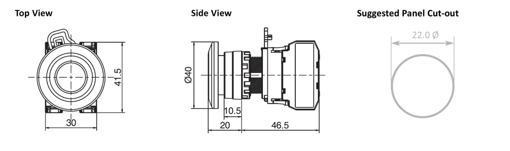 Drawing of RJSPS22E Mushroom Head, plastic push button switch, rjs electronics ltd