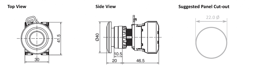 Drawing of RJSPS22E Mushroom Light Head, plastic push button switch, rjs electronics ltd