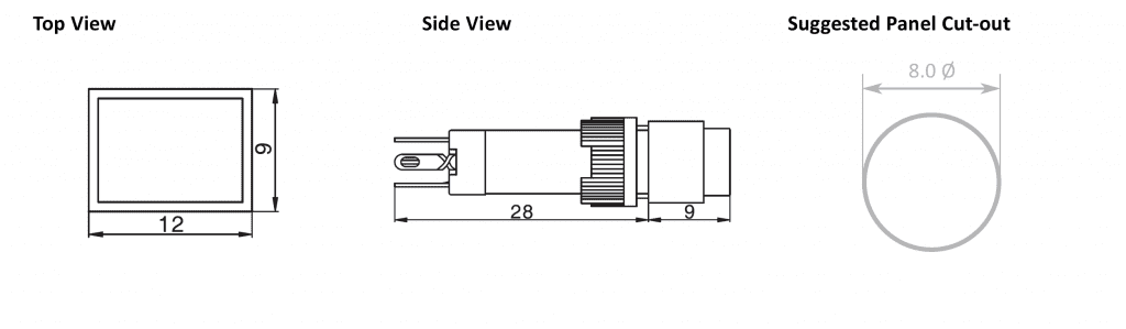 Drawing of RJSPS8A Rectangular Switch rectangular led switch pushbutton switch, rjs electronics ltd