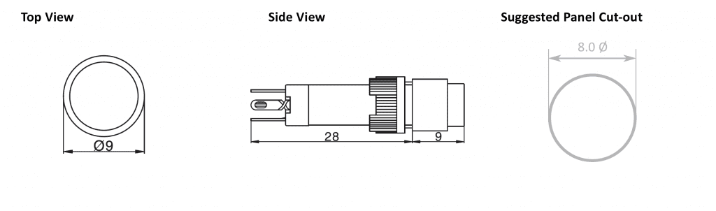 Drawing of RJSPS8A Round LED Indicator, rjs electronics ltd