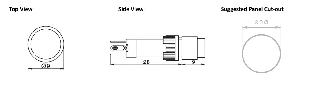 Drawing of RJSPS8A Round Switch, plastic push button switch, rjs electronics ltd