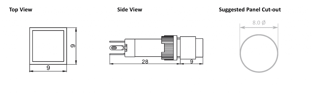 Drawing of RJSPS8A Square LED Indicator, rjs electronics ltd