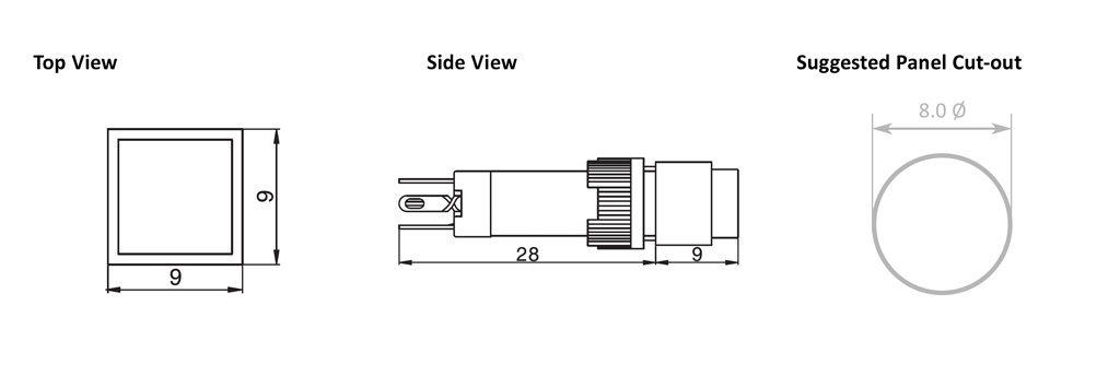 Drawing of RJSPS8A-Square-Push-Button, plastic push button switch, rjs electronics ltd