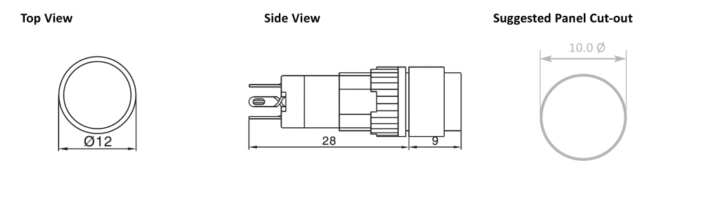 Drawing of RJSPS10A Round Switch, plastic push button switch, rjs electronics ltd