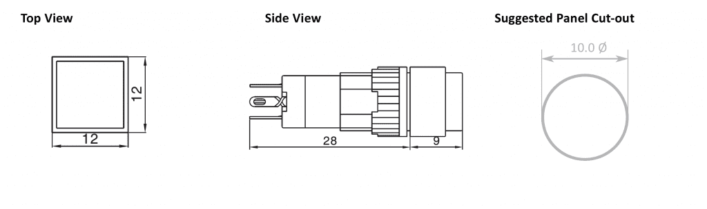 Drawing of RJSPS10A Square Switch, plastic push button switch, rjs electronics ltd