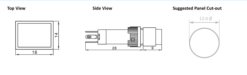 Drawings of RJSPS12A Rectangular Switch, plastic push button switch, rjs electronics ltd