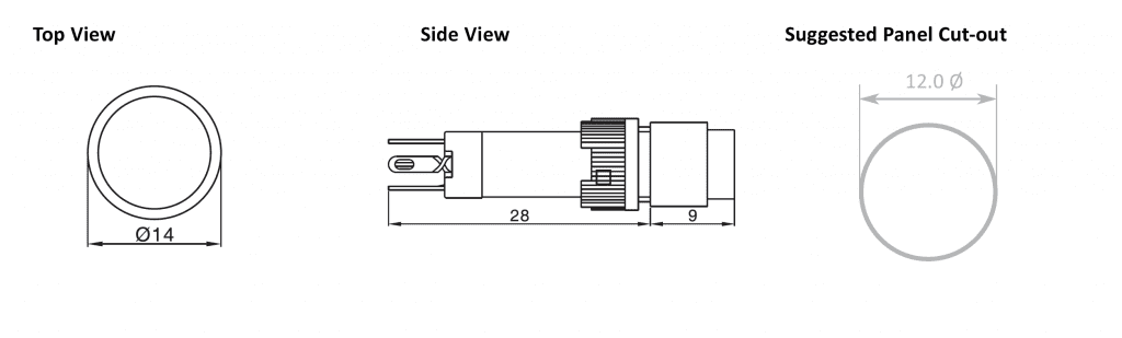 Drawing of RJSPS12A Round Switch, plastic push button switch, rjs electronics ltd