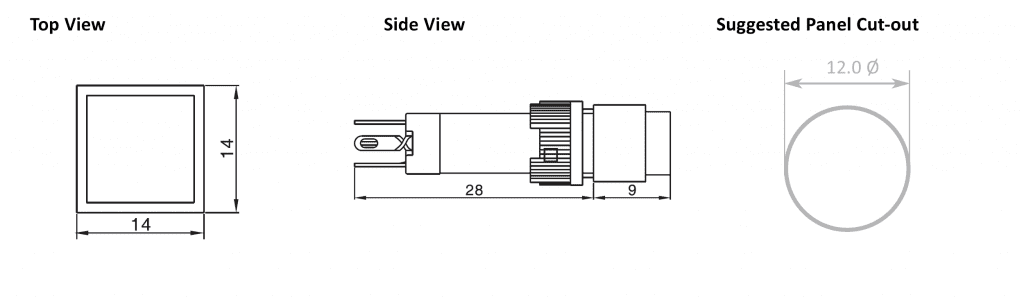 Drawing of RJSPS12A Square Switch, plastic push button switch, rjs electronics ltd