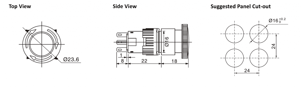 Drawing of Panel mount style, Emergency Stop push button, mushroom switch. rjs electronics ltd